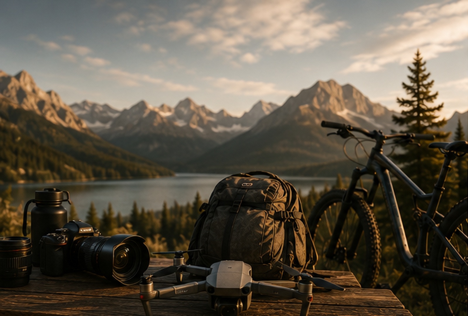 Camera, drone, cycling and outdoor equipment prepared for an adventure